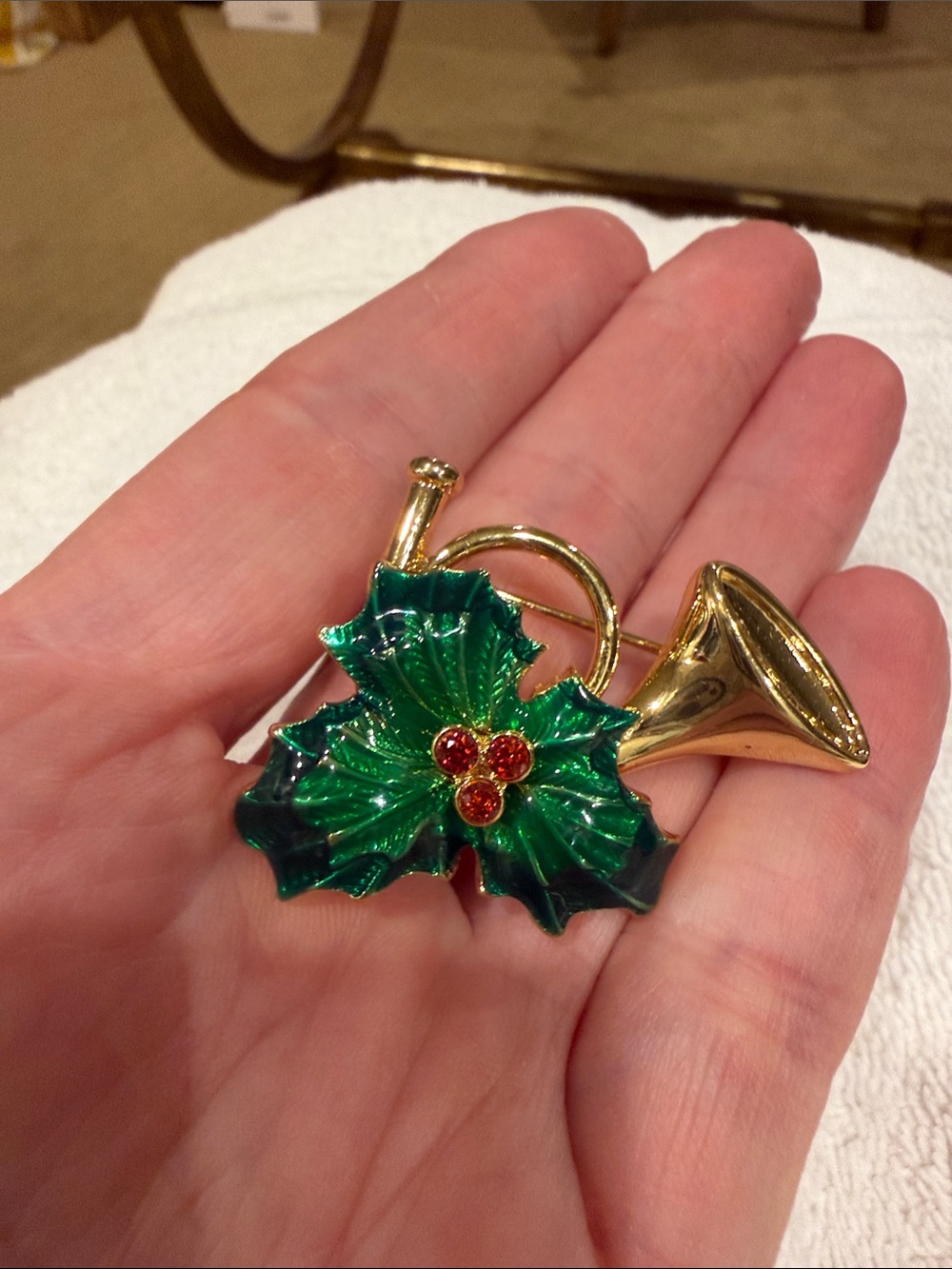 Talbots Gold-Tone Horn Brooch with Green Enamel Holly and Red Crystal Berries
